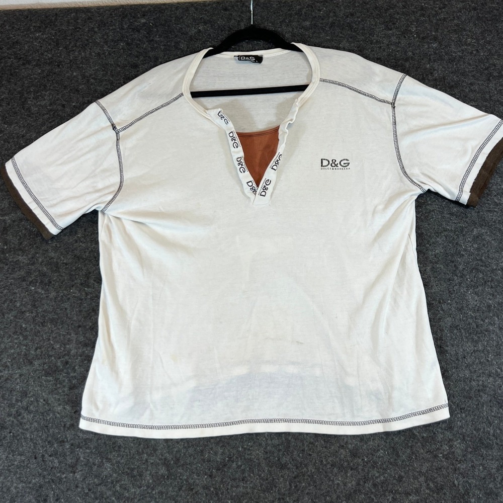 Vintage 90s D&G Dolce & Gabbana Henley T-Shirt Mens White Brown Large Italy